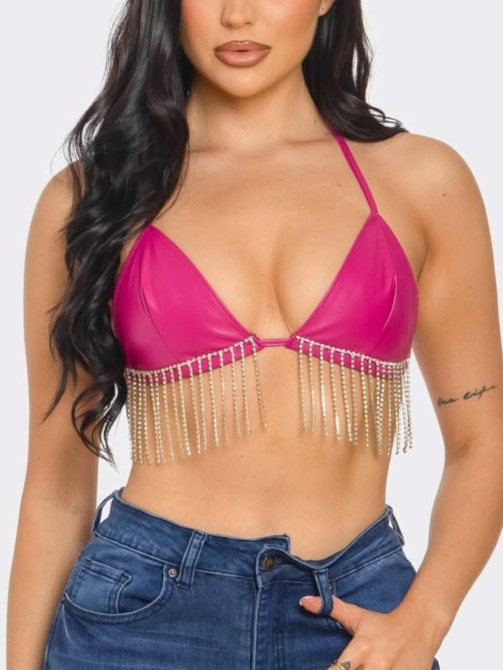 Bear Dance Rhinestone Fringe Faux Leather Triangle Top - Hot Pink - Size Small